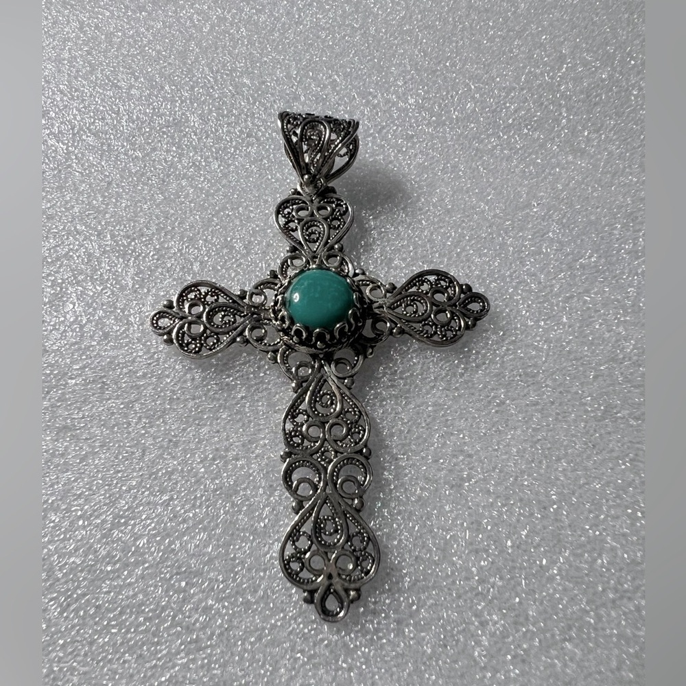 Vintage Sterling Silver Turquoise Filigree Cross Pendant